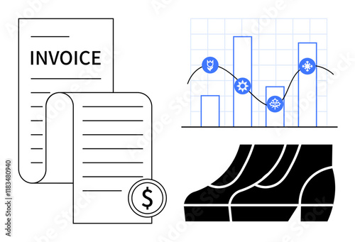 Invoice with currency icon, bar graph with gears and shield, black shoes. Ideal for finance, analytics, business strategy, financial reporting, retail productivity economic growth. Abstract line