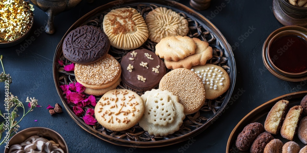 Fototapeta premium Cookies for Eid celebration, featuring traditional cookies perfect for Eid festivities, showcasing delicious treats for Eid that bring joy and sweetness to the special occasion.