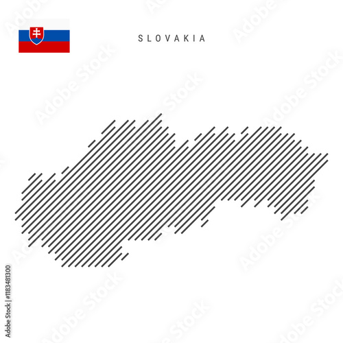 Slovakia map from pattern of black slanted parallel lines. Slovak map with gray diagonal lines. Silhouette of a country made of oblique hatching. Vector illustration isolated on white.