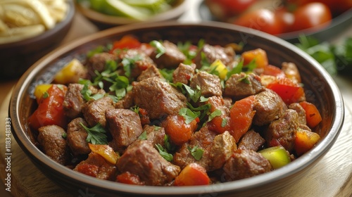 Turkish meat saute features a savory blend of sauteed meat, showcasing the traditional dish known as sac tava and sac kavurma, highlighting the rich flavors of meat saute. photo
