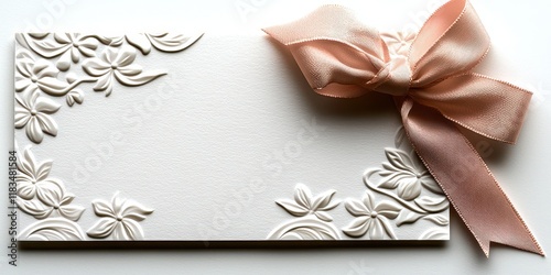 Elegant blank card with embossed floral design and soft pink ribbon, perfect for invitations and special occasions.