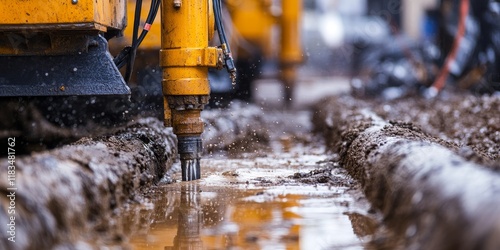 Closeup of horizontal directional drilling technology showcasing the drilling machine in action. Horizontal directional drilling technology facilitates trenchless installation of pipes and water photo