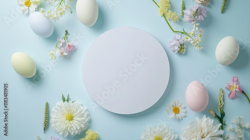 Flat lay of pastel-colored Easter eggs and spring flowers arranged around a blank white circle on a light blue background, perfect for festive design.