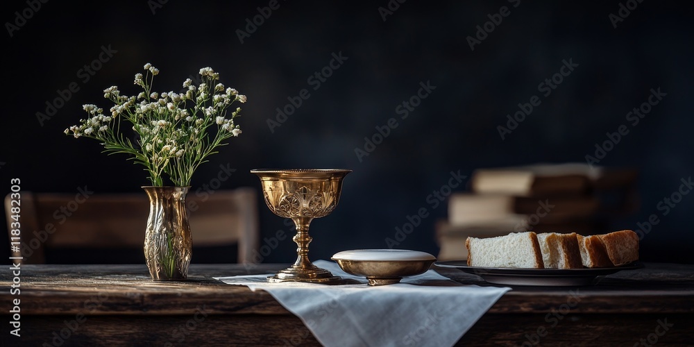 The sacrament of Holy Communion displayed beautifully on a dark wooden table, emphasizing the reverence and simplicity of the sacrament of Holy Communion in a serene setting. The sacrament of Holy Communion displayed beautifully on a dark wooden table, emphasizing the reverence and simplicity of the sacrament of Holy Communion in a serene setting.