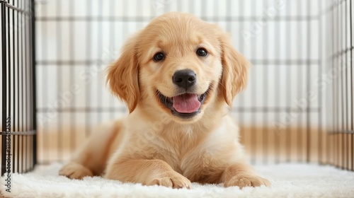Playful golden retriever puppy in a cozy crate indoor setting adorable pet photography warm atmosphere
