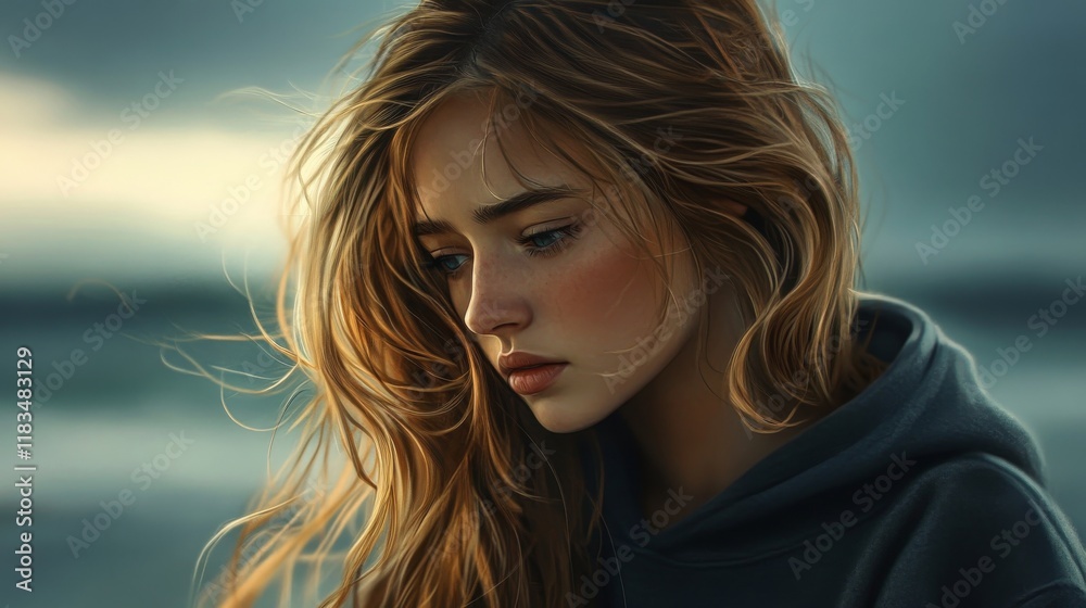 Young Woman Contemplating by the Ocean's Edge with Windswept Hair Young Woman Contemplating by the Ocean's Edge with Windswept Hair