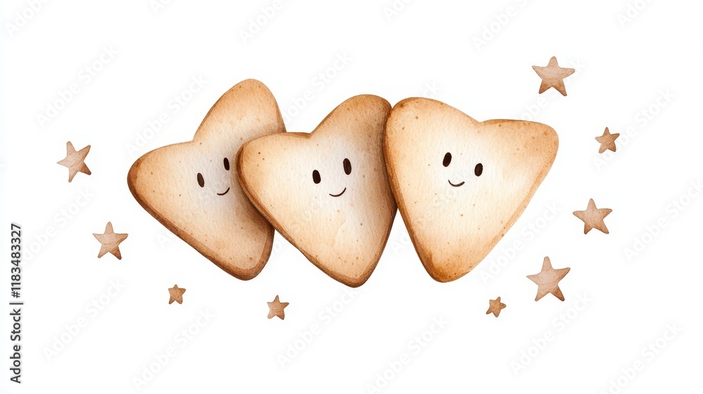 Fototapeta premium Three heart-shaped cookies with smiling faces, surrounded by tiny stars, perfect for a cheerful treat.