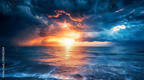 Dramatic stormy sky showcasing vibrant sunlight, creating a stunning contrast. The beautiful stormy sky enhances the mood with its dynamic shades and radiant light, perfect for capturing nature s photo