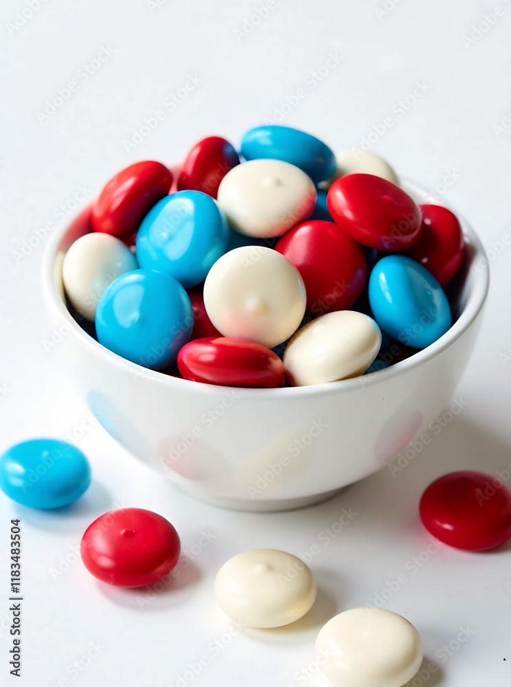 A white bowl filled with colorful candy-coated chocolates in red, white, and blue, with some scattered around the bowl on a white background. new image A white bowl filled with colorful candy-coated chocolates in red, white, and blue, with some scattered around the bowl on a white background. new image