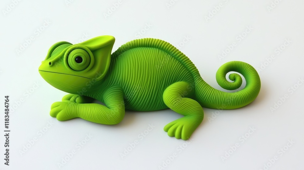 Fototapeta premium Vibrant green chameleon figurine studio setting 3d model clean background close-up art and design