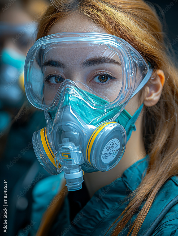 Woman in teal scrubs wearing respirator and goggles. Woman in teal scrubs wearing respirator and goggles.