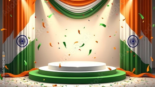 Tri-colour themed platform presenting products and promotions for India's Republic Day, embodying the spirit of the celebration, generative ai	