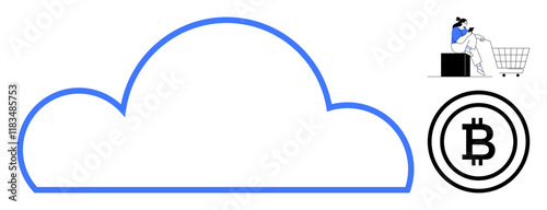 Blue cloud outline, person shopping online with a VR headset sitting in a cart, Bitcoin logo. Ideal for themes cloud storage, virtual reality, online shopping, digital currency, technology