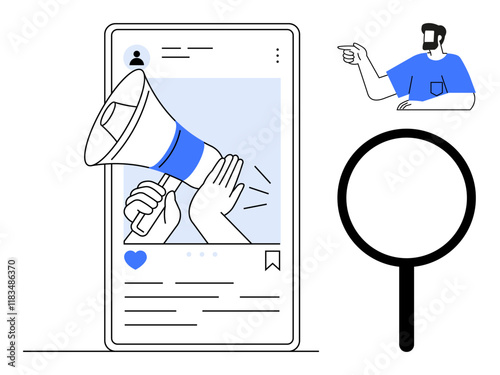 Megaphone inside mobile with hand, profile icon, magnifying glass, man pointing. Ideal for advertising, social media, promotion, audience engagement, content creation online marketing brand