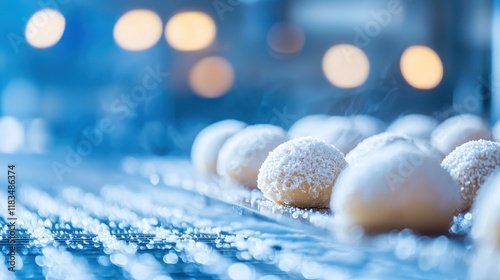 Warm Buns on a Bakery Conveyor Belt
