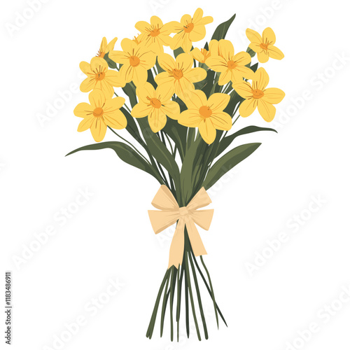 Wedding yellow flowers bouquet with paper wrap and bow tired illustration daffodils art vector