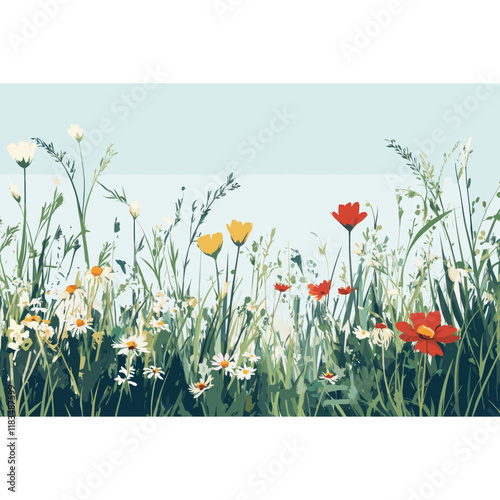 Grassy meadow with wildflowers illustration nature art vector