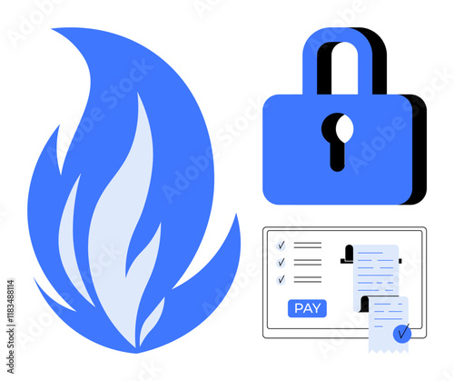 Padlock symbolizing security next to blue flames representing urgency with a computer screen showing an online payment receipt. Ideal for security, finance, protection, payment, digital safety, risk