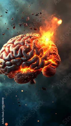 Brain bursts into flames amid swirling dark clouds and debris in a surreal representation of intense thoughts