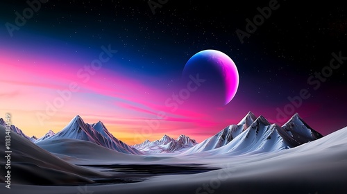 Surreal snowy mountainscape under a vibrant, alien sky with a large, colorful crescent moon. photo