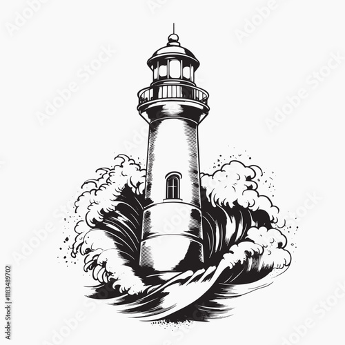Lighthouse amidst powerful waves, old school tattoo vector