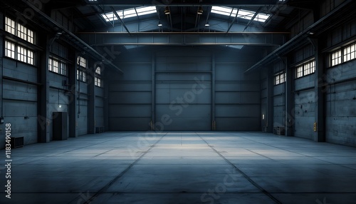 A dimly lit empty warehouse, featuring a three-dimensional design, generated with ai