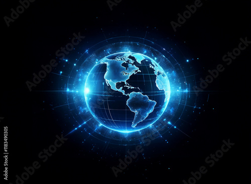 A glowing blue digital Earth, encircled by futuristic energy, floats in the inky blackness of space.  It suggests global connectivity and technological advancement.
