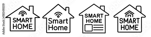 smart home text with icons icon, electronics line art, electronics vector - simple black line art icon of smart home text with icons perfect for logos, and electronics-themed designs.
