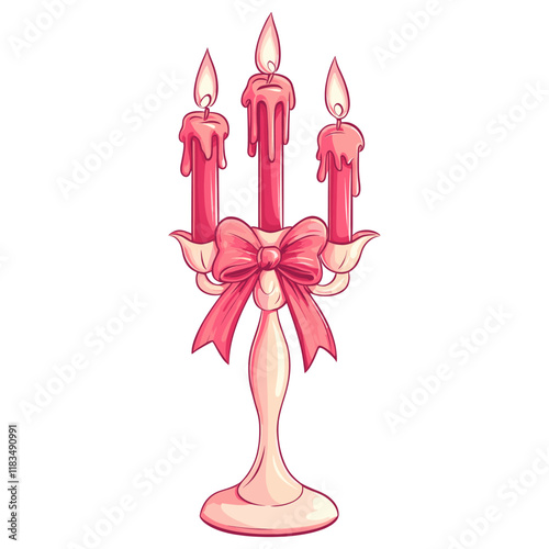 Vintage candlestick decorate with ribbon bow and 3 red candles illustration pink decorative vector