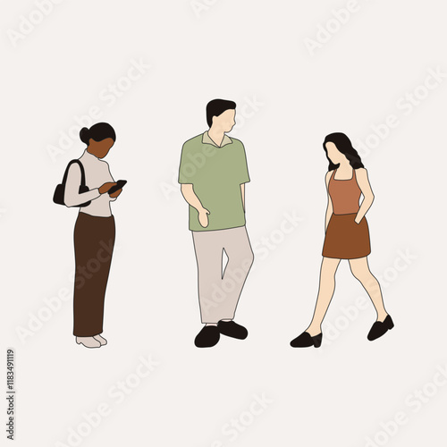 flat minimal people male and female vector illustration in spring summer clothing with outline concept isolated set collection. For architecture rendering, graphic design, info graphic, media