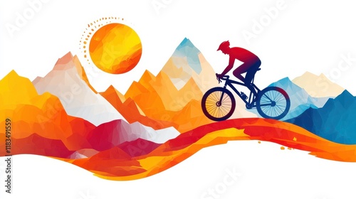 A vibrant illustration of a mountain biker riding through colorful landscapes under a bright sun, embodying adventure and nature.