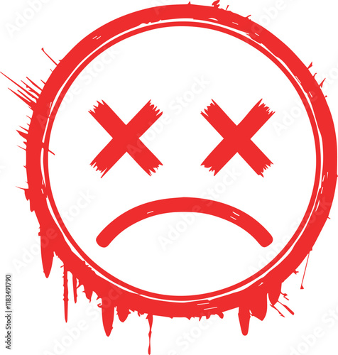 Red distressed emoticon with sad face and x's for eyes