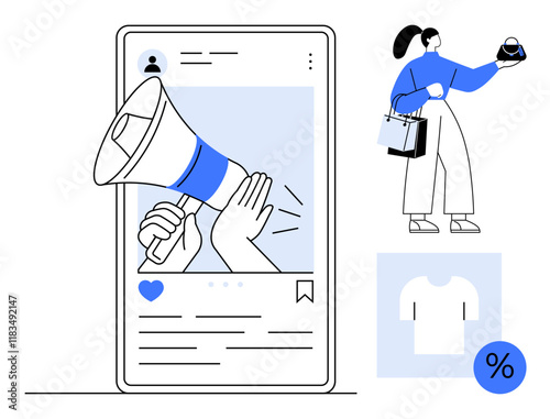 Smartphone screen displaying a social media post with a megaphone. Beside it, a person holds shopping bags, with a sale shirt icon. Ideal for digital marketing, e-commerce, social engagement