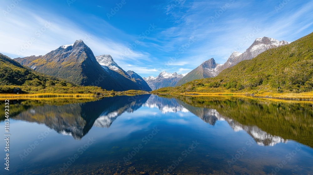 Obraz premium A serene landscape featuring majestic mountains reflected in a calm lake under a clear blue sky.