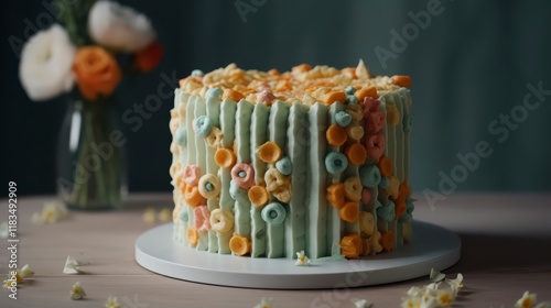 A modern and minimalist cake featuring clean lines and soft pastel colors like mint green, peach, and white. The cake is decorated with a single strand of flowers. photo