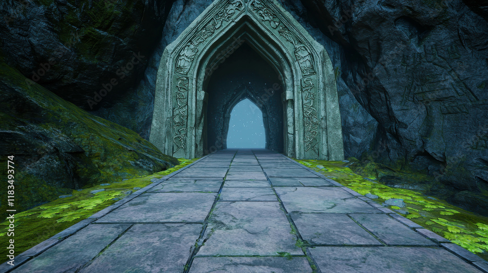 Obraz premium Mystical Ancient Tunnel Carved Into Mountain Surrounded by Lush Greenery