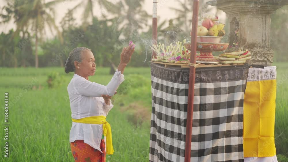 old balinese woman praying at temple in rice field, ceremony and tradition, offerings and incense, traditional clothes, asian culture