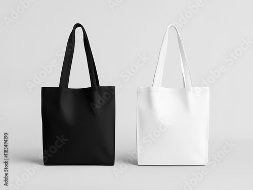 White and black tote bags mockup on a grey background.