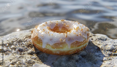 A glazed donut with sprinkles sits on a rock by the ocean.