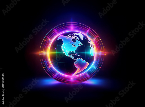 A vibrant, glowing Earth encircled by a radiant, multicolored ring.  The image evokes themes of global connection and technological advancement. photo