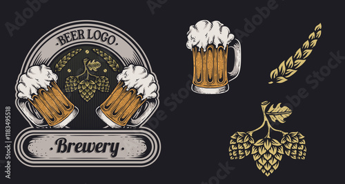 Isolated retro vintage Beer logo, vector illustration beer glass, emblem brewery design on dark background.