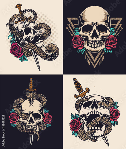 Set of 4 retro skull rose with snake and knife. vector illustration