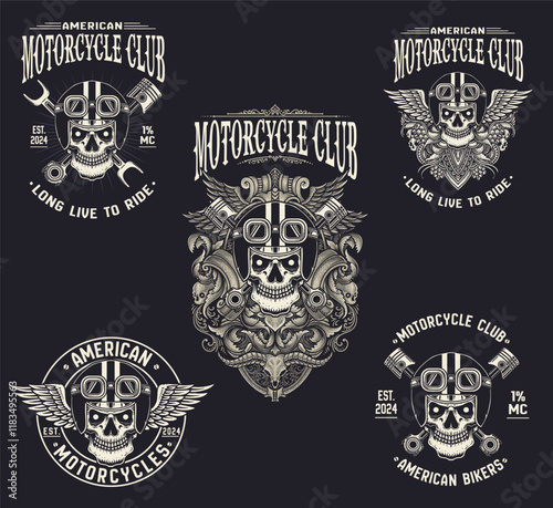 Set of 5 skull head motorcycle logo. hand drawn logo. vintage logo - vector design photo