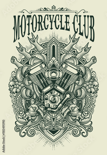 Vintage motorcycle logo emblem vector isolated. V twin engine logo. monochrome label. engraving hand drawn style