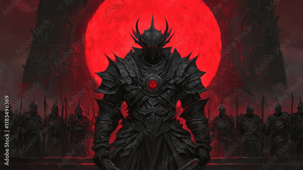 Ruthless Warlord in Dark Ornate Armor Stands Before a Blood Red Moon Ruthless Warlord in Dark Ornate Armor Stands Before a Blood Red Moon