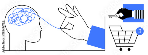Hand unravels tangled thoughts from a head, accompanied by a key, and a shopping cart with 3 items. Ideal for mental health, problem-solving, security, e-commerce, minimalism clarity shopping. Line