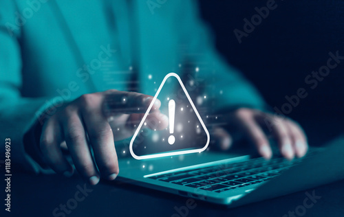 System hacked warning alert on laptop. error 404 alerts on a laptop, caution of spam in website digital Cyber attack on computer network, Virus, Spyware, Malware or Malicious software. Cyber security
