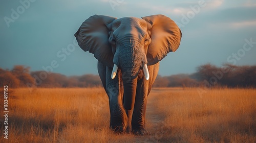 Majestic African Elephant in Golden Savanna: A Serene Sunset Portrait