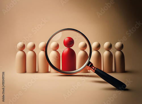 A magnifying glass focuses on a single red figure among a row of beige figures, symbolizing the search for a unique individual or talent.