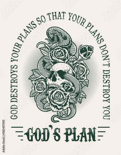 Illustration vintage skull rose flower with snake
